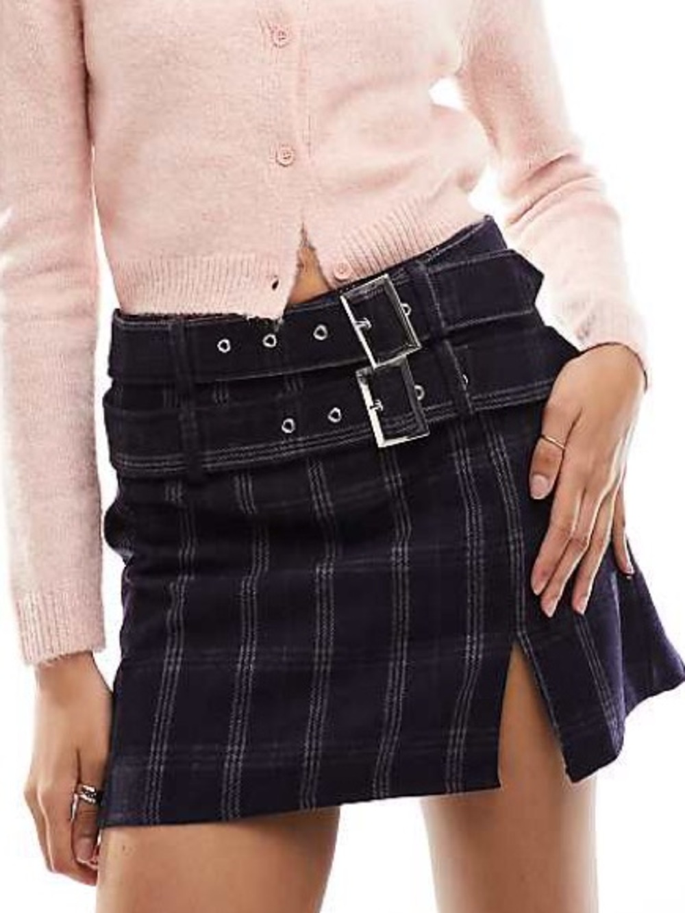 asos Design Blue Check Plaid Double Belt Mini Skirt Wool Blend Notch Hem Size 12